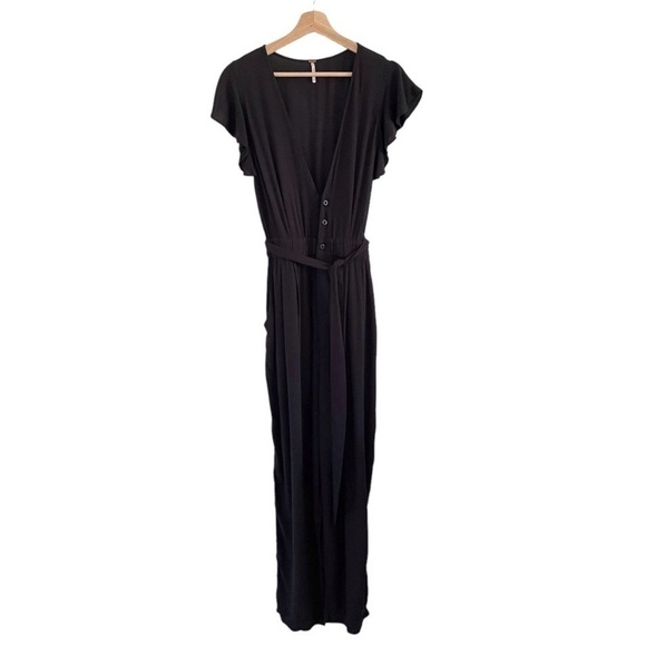 Free People Ruffle Your Feathers Deep V Flutter Sleeve Jumpsuit Black XS - Picture 5 of 13